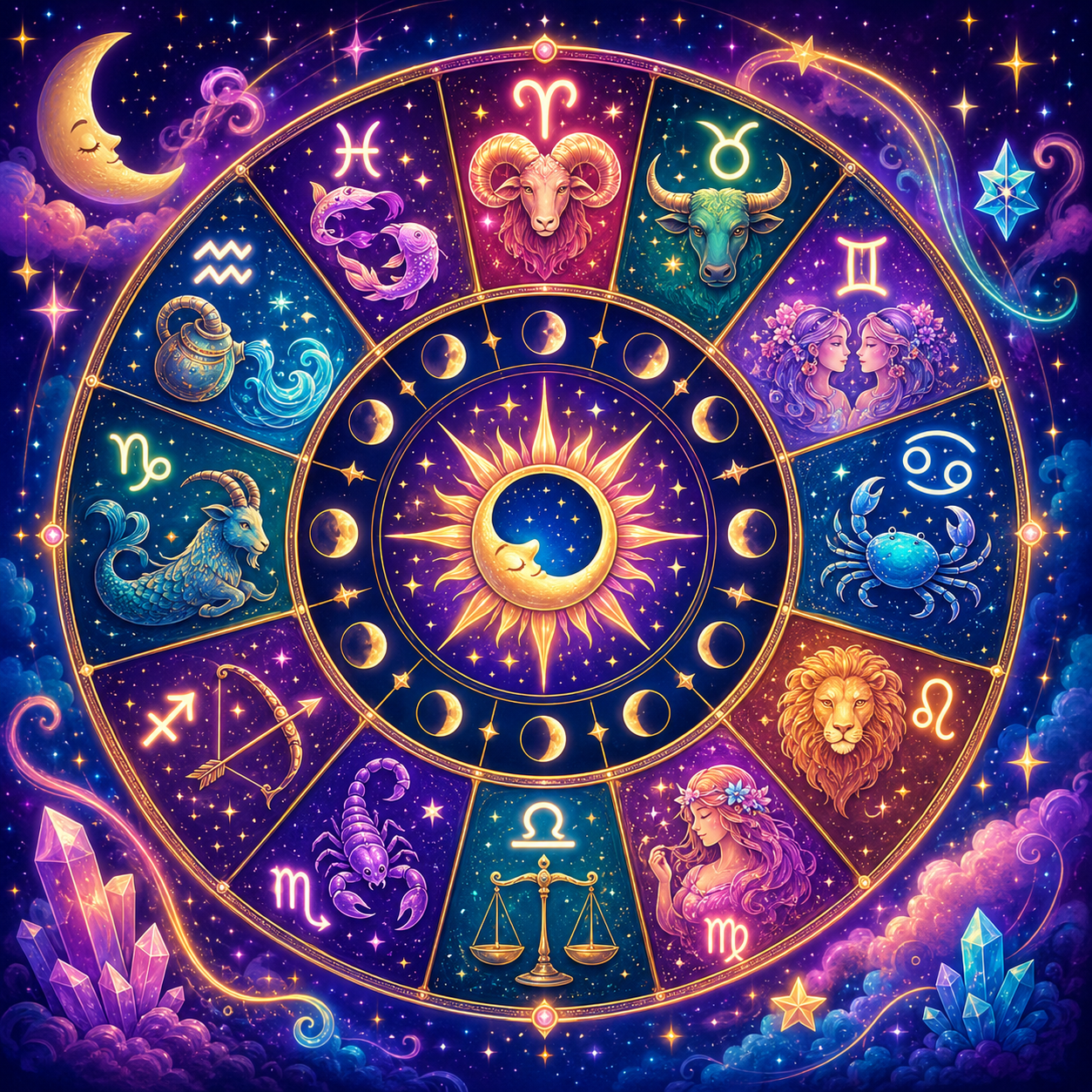 Mystical zodiac wheel showing all twelve astrological signs